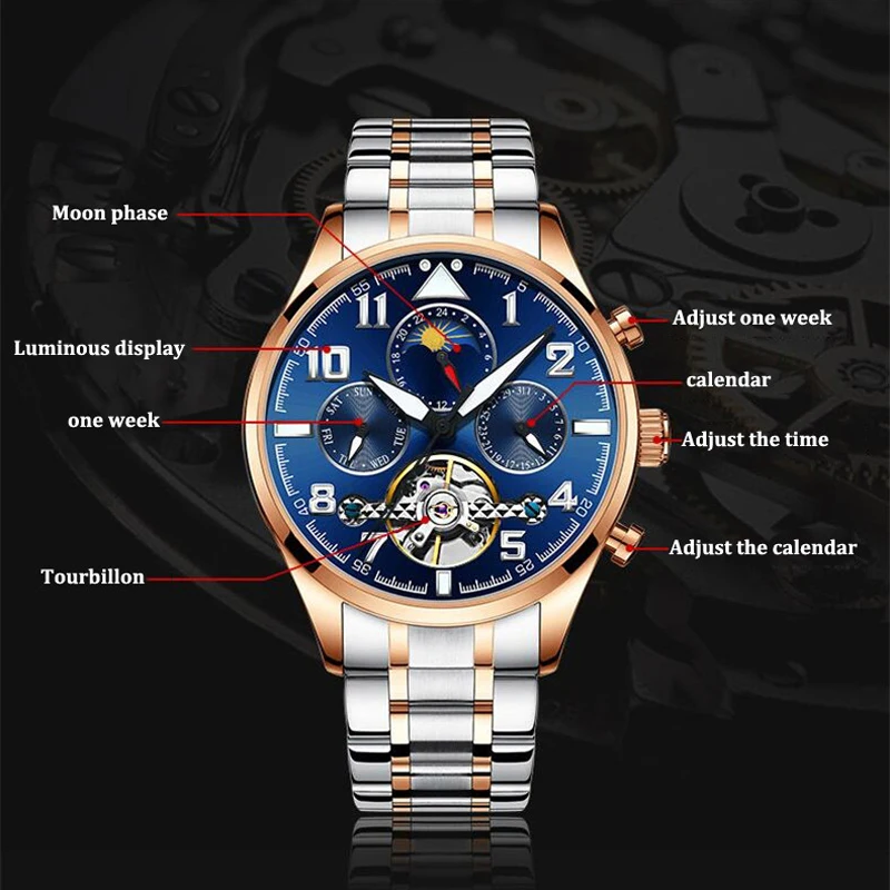 AILANG Tourbillon механические часы мужские наручные автоматические Ретро часы мужские водонепроницаемые черные полностью стальные часы Montre Homme