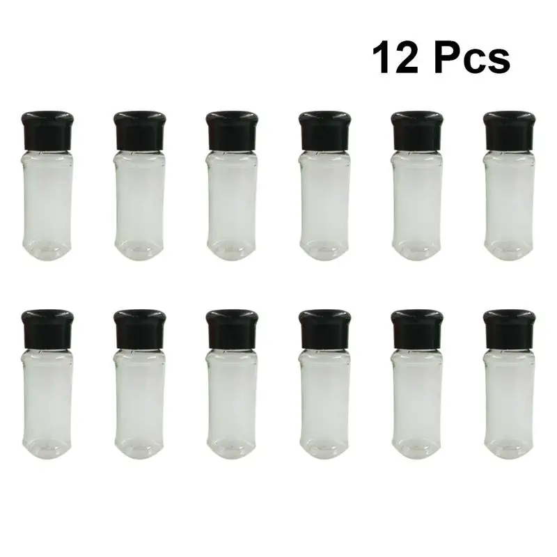 

12pcs Plastic Spice Pot Seasoning Bottles Pepper Shakers Salt Jar Condiment Can Cruet For Barbecue Kitchen Black