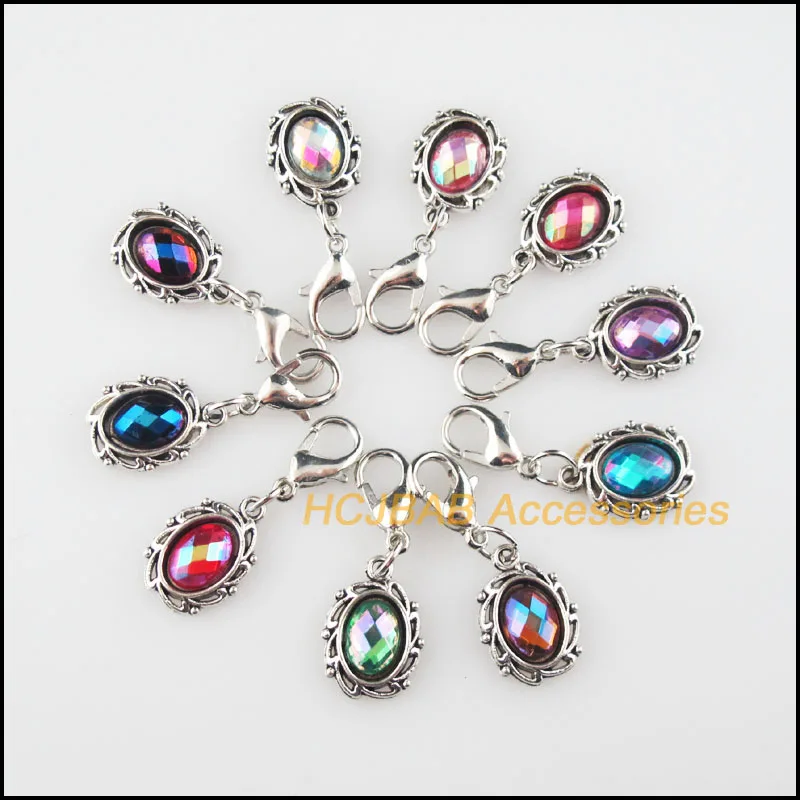 

20 New Flower Mixed Charms Acrylic Oval Frame Pendants With Lobster Claw Clasps Tibetan Silver Plated 11x15mm