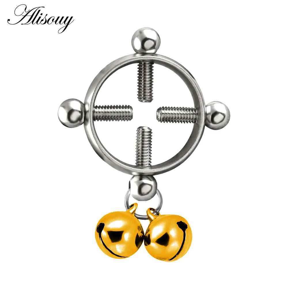 Alisouy 1PC Women Breast Nail Screw Bell Pendant Round Nipple Ring Shield Body Piercing Jewelry Nickel-free Fake Surgical Steel