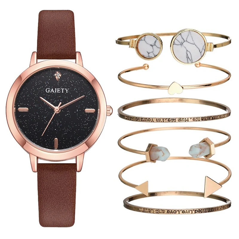 

HOT Fashion Quartz Watch Bracelet Set PU Strap Glass Mirror Round Dial Watch Suit for Daily Office LL@17