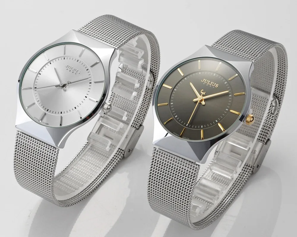 JULIUS Mode Повседневная Роскошная Uhr Топ Marke логотип herren Uhr Silber Schwarz ультра дюнн сетка Voller Stahl Quartz Wasserdicht JA-577