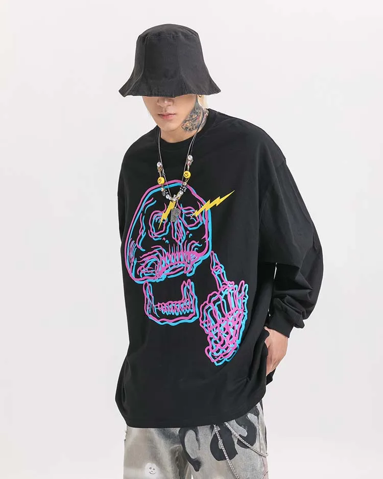 UNCLEDONJM уличная Мужская футболка с длинным рукавом Harajuku футболка хип хоп Рок Череп Принт футболки осенние повседневные топы футболки 575W