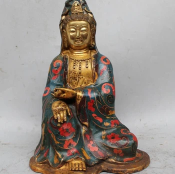 

12" Chinese Buddhism Cloisonne Bronze Gild Seat Kwan-yin Guan Yin Goddess Statue