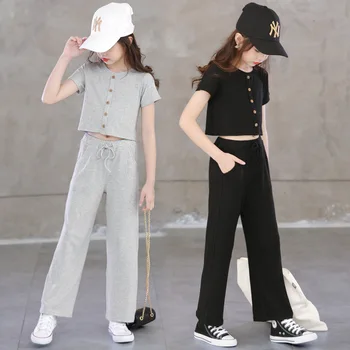 

Korean Style Girls' Suit Summer round Neck Short-Sleeved Trousers Ultra-Stretch Slim Solid Color and Simple Casual Suit