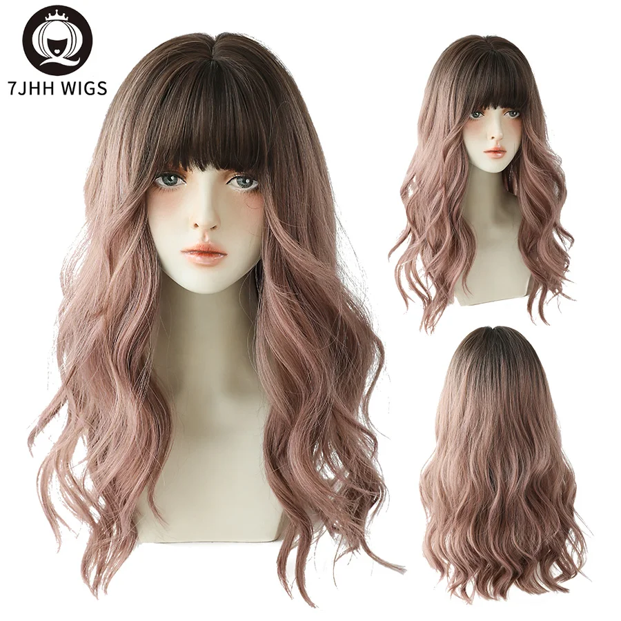 7JHH WIGS Pink Brown Omber Long Wavy Curly Synthetic Wig For