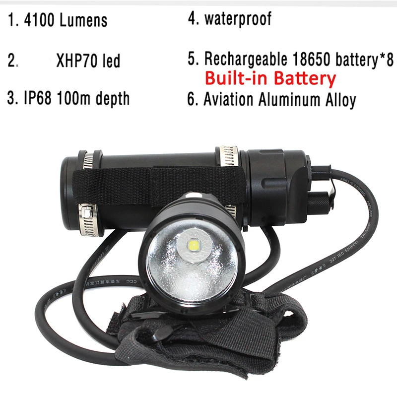 US $103.74 Underwater XHP70 LED Diving flashlight Bulitin Battery Waterproof Split wrist Led light Scuba dive Torch Lamp Light