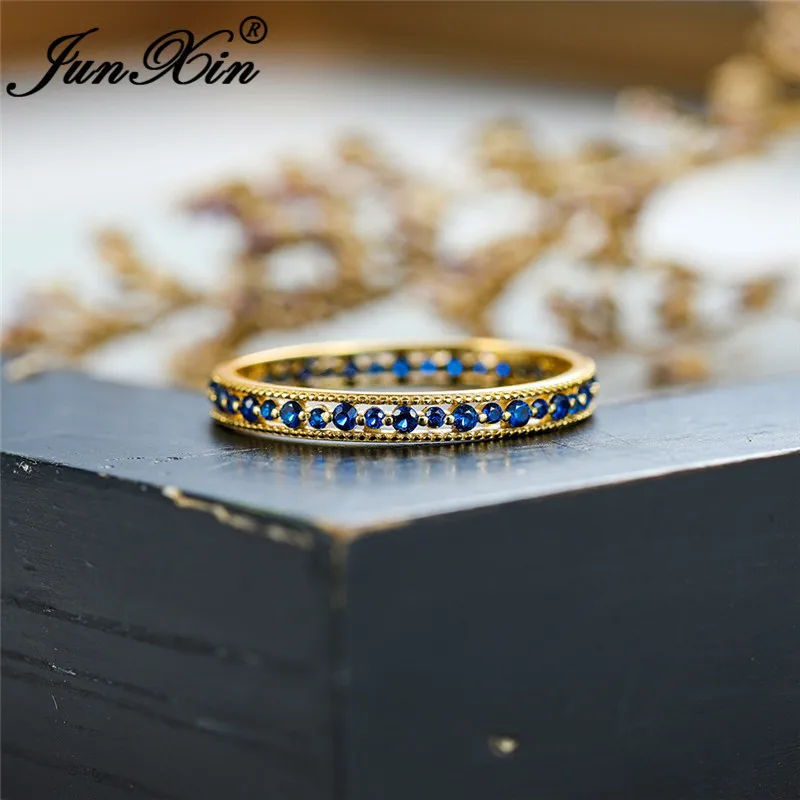Женский маленький кристалл камень Обручальные кольца желтое золото 925 пробы серебряные кольца для женщин тонкое кольцо синий красный циркон