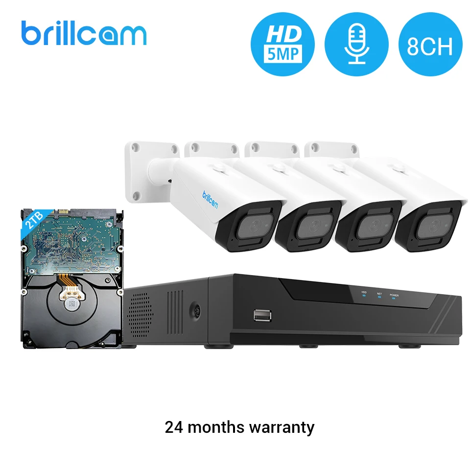 Система видеонаблюдения Brillcam 5 Мп (1 шт. 8 каналов POE NVR 4 IP цилиндрические камеры s)