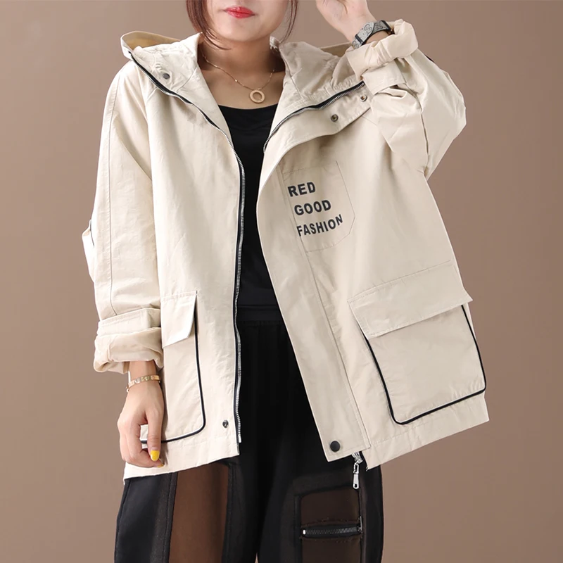 

[EWQ]2020 Spring New Pattern Hooded Collar Long Sleeve Solid Patchwork Letter Print Vintage Loose Coat Women Jacket Femals AH256