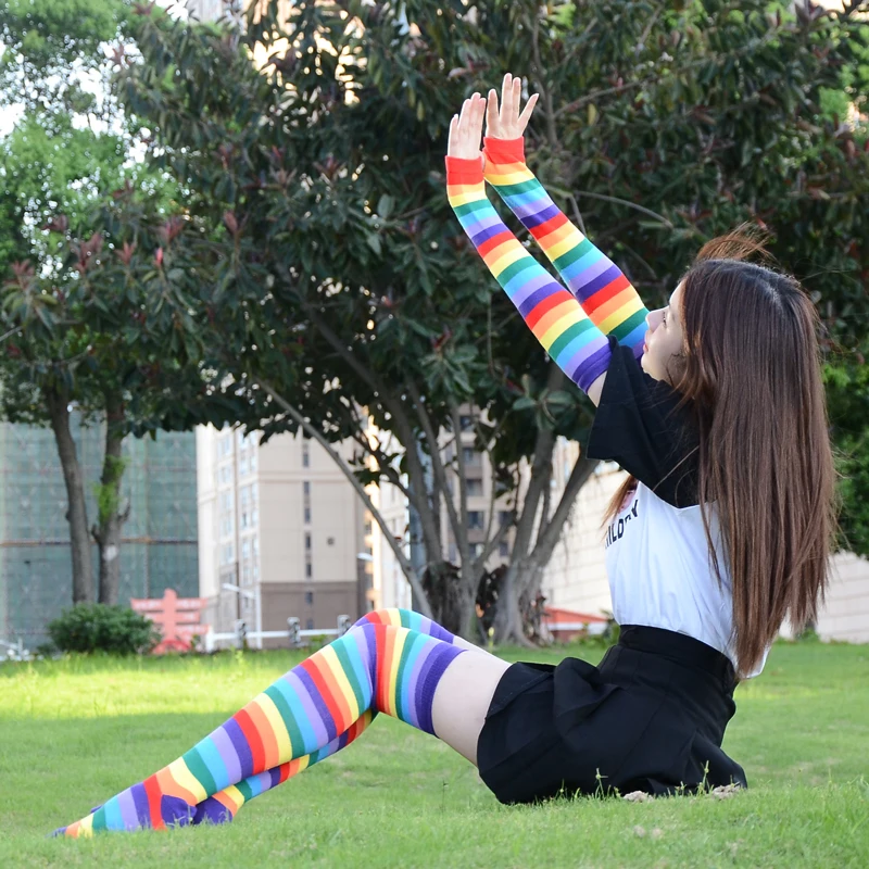 New Colorful Rainbow Stockings Cute Thigh Knee Socks Dance Socks Striped Arm Warmer Gloves Christmas Gifts Women Cosplay Costume