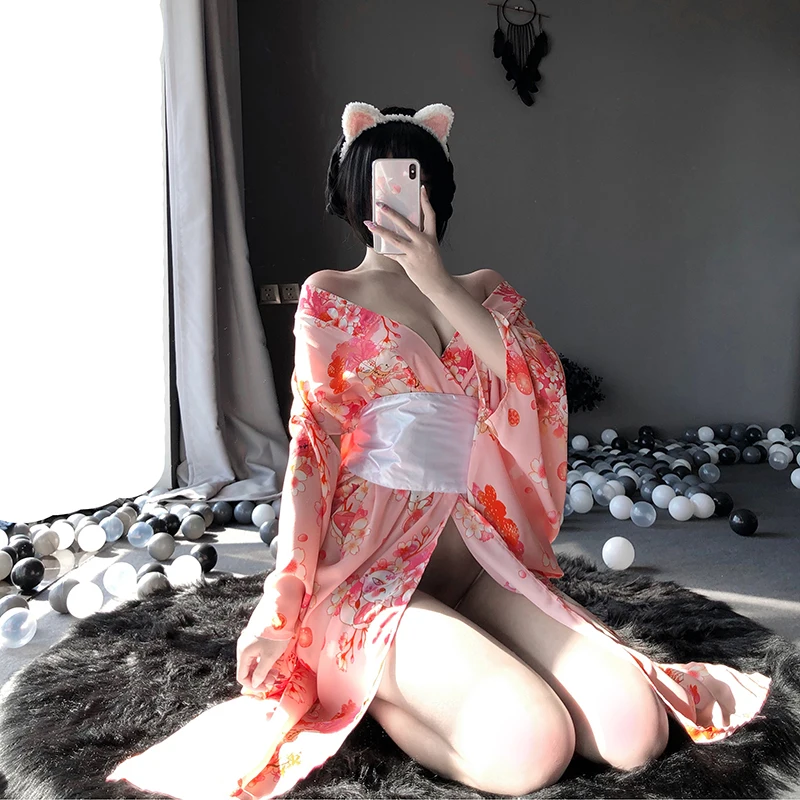 Japanese Kawaii Pink Kimono White Bow-Knot Waistband Thong Sexy Lingerie Cosplay Costumes
