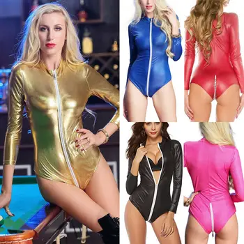 

Sexy Women Lingerie Wet Look PU Leather Zipper down High Turtleneck Clubwear Nightwear Leotard Open Crotch Bodysuit S-3XL