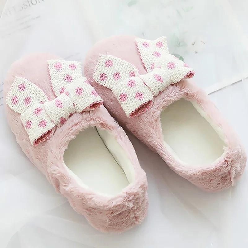 Home slippers Butterfly-knot Plush Warm Winter slippers Large Size 42 Indoor slippers Non slip Comfortable Bedroom slippers - Цвет: Pink