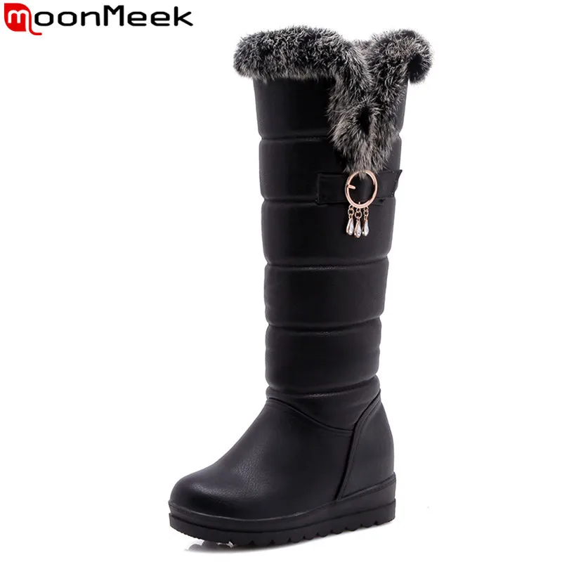 MoonMeek Big size 33-42 winter keep warm snow boots flat heel round toe ladies shoes soft pu leather knee high boots women