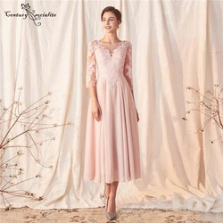 Pink Short Mother of Bride Dresses with Sleeves Tea Length Lace Appliques Chiffon Simple Formal Evening Dress Prom Gowns