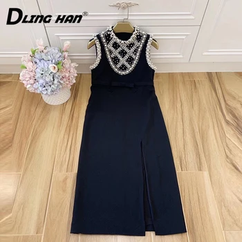 

DLNGHAN Fashion pearl Beading Midi Dress Elegant Diamonds O-Neck Sleeveless Party Dresses Designer Summer New