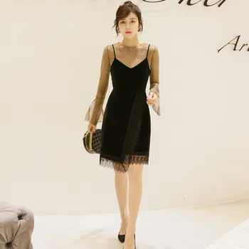 

Women Mesh Blouse and Velvet Spaghetti Strap Dress Women 2 Piece Set Evening Party Fall Clothes Winter Autumn Sexy Two Piece Set