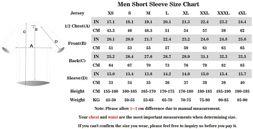 Men Short Sleeve Size Chart