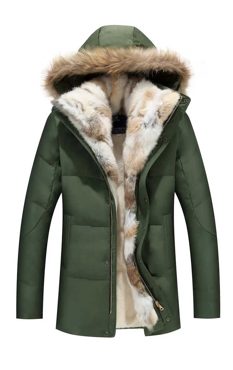 Пуховое пальто с капюшоном для пары, средней длины, с кроличьим мехом, на молнии, верхняя одежда для мужчин, новая мода, большой меховой воротник, уплотненная теплая куртка A2531