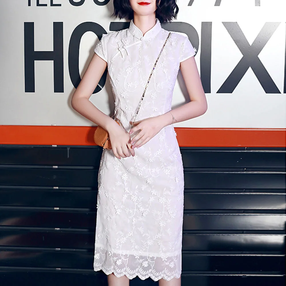 

Dressv White Vintage Evening Dresses Lace Appliques Floral Short Sleeve Stand Collar Retro Elegant Women Evening Party Dress