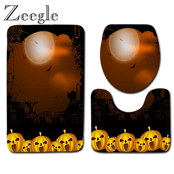 

Zeegle 3pcs Bath Mat Set Absorbent Toilet Pedestal Rug Flannel Soft Foot Mat Washable Toilet Seat Cover Mat Halloween Toilet Set