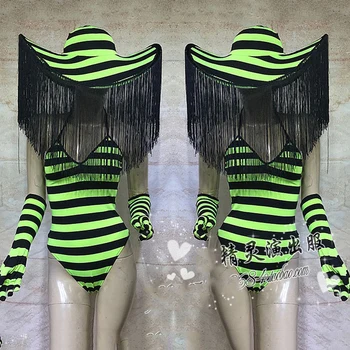 

Fluorescent Zebra Pattern Sexy Bodysuit Fringed Hat Set Nightclub Bar Party GoGo Female Singer DS DJ Performance Costume DWY3020