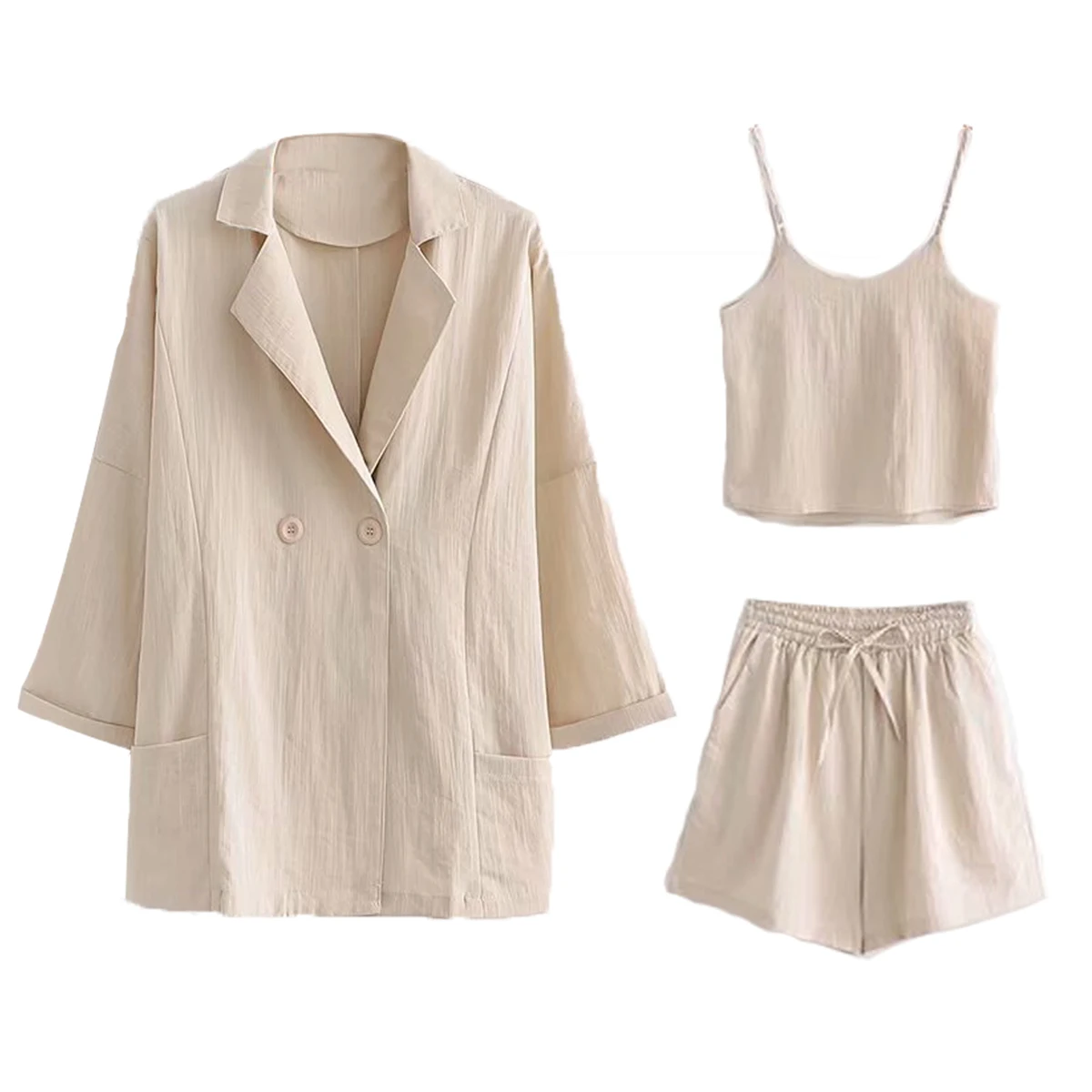 

Jastie Summer Autumn Women Three Piece Sets Casual Solid Linen Tops + Shorts Elastic Waist Wide Leg Pants Suit Set 3 Piece Set