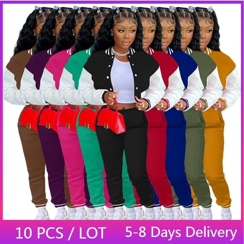 

Wholesale Items Autumn Casual Tracksuit Women Sportswear Color Patchwork Two Piece Set Baseball Jacket Crop Top Sweatpants Set