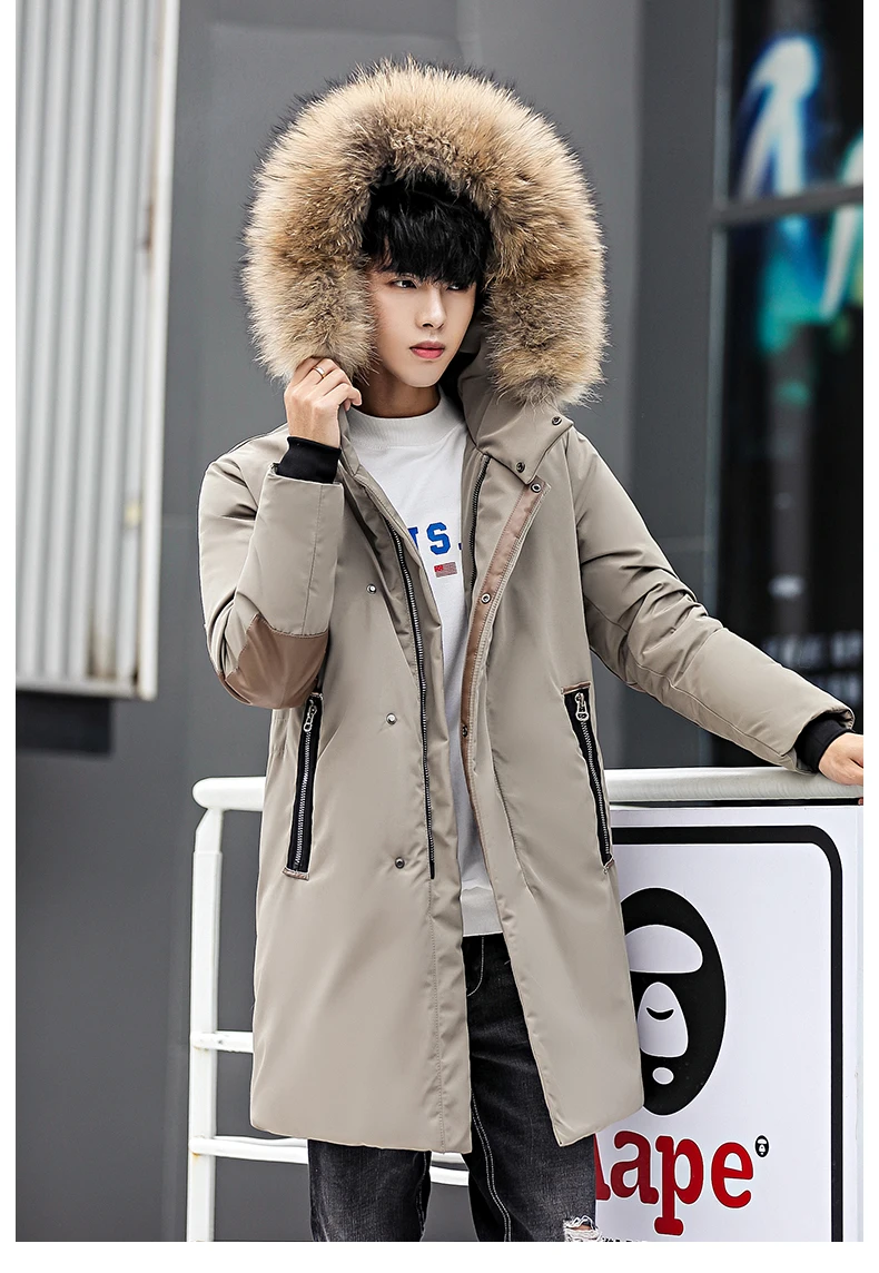 Зимний пуховик с воротником из кроличьего меха, мужское пальто, модное мужское теплое плотное пальто с капюшоном, удобное мужское однотонное пальто