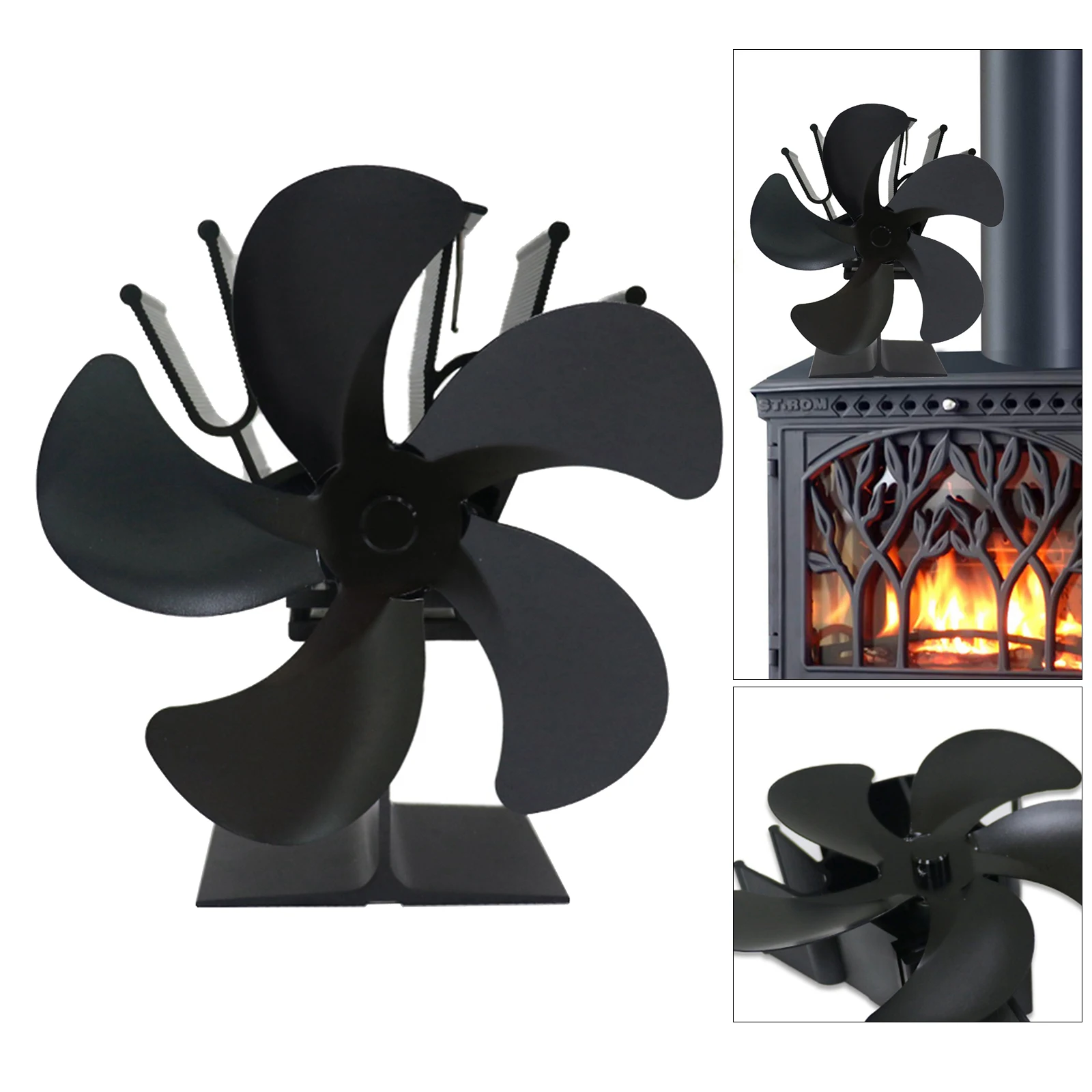 Black Fireplace 5 Blade Heat Powered Stove Fan Log Wood Burner Eco Friendly Quiet Fan Home Efficient Heat Distribution