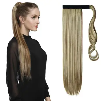 

Long Silky Straight Ponytails Clip In Synthetic Pony Tail Heat Resistant Fake Hair Extension wrap round hairpiece