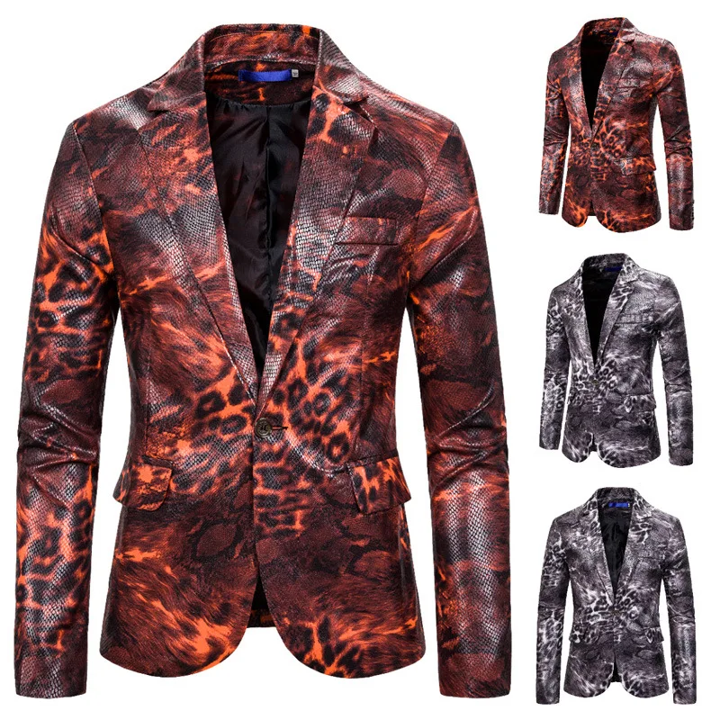 

2019 High Quality One-Button Suit Animal Pattern Printed Suit Night Club Style Slim Fit Fold-down Collar Costume