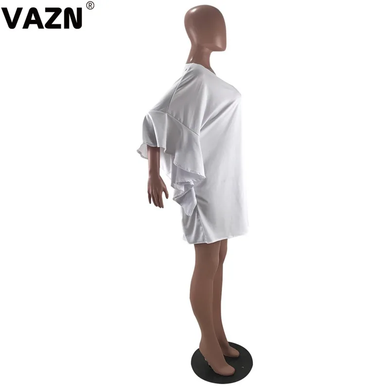 VAZN GCQ15137, шикарный дизайн,, сексуальное женское белое однотонное мини-платье, половина рукава, оборки, круглый вырез, платье, милое Повседневное платье для девочек