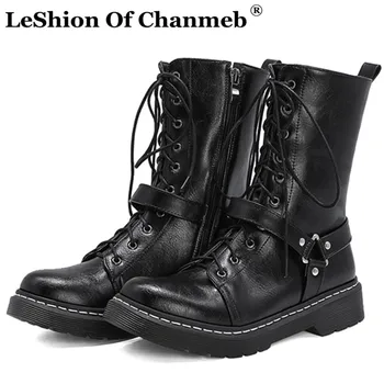 

Stylish Metal Buckled Belts Combat Boots Women Ladies Zipper Lace up Platforms Military Army Boots Female Woman Booties Size 43