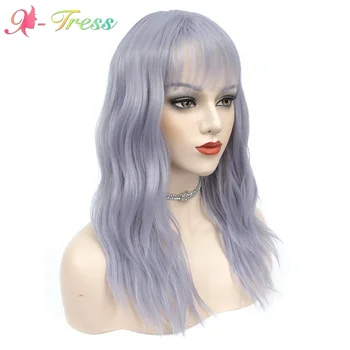 

20inch Light Purple Wavy Medium Synthetic Wigs With Bangs X-TRESS Heat Resistant Trendy Wig For Women Daily Cosplay Use