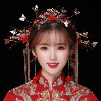 

JaneVini Tradition Chinese Gold Butterfly Hairpins Long Tassels Wedding Crowns Headwear Ancient Bridal Jewelry Hair Accessories