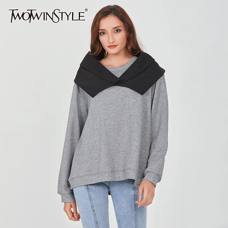 

TWOTWINSTYLE Casual Two Piece Set For Women O Neck Long Sleeve Loose Sweatshirt Patchwork Short Blazer Designer Sets Female 2020