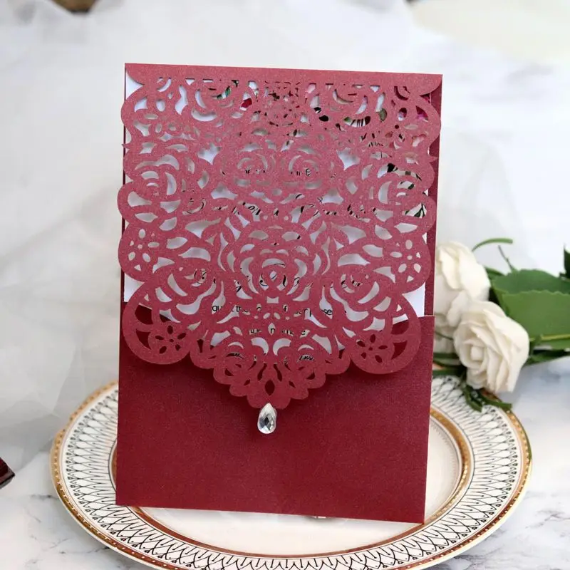  20pcs Laser Cut Rose Invitations Card with Rhinestone Kits Wedding Party R9CA - 4.00027E+12
