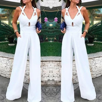 

New Sexy Bodycon Bodysuit Women White Lace up Sexy Jumpsuit Solid Color Loose One piece romper Overalls party Playsuit Female