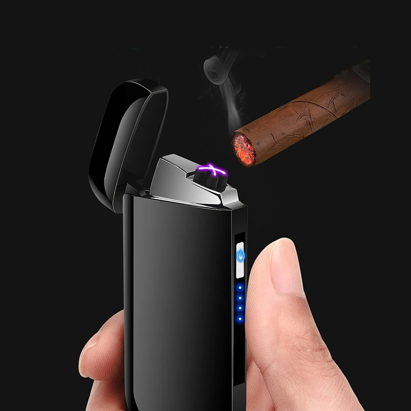 Metal Windproof Electronic Usb Charging Cigarette Lighter Double Arc Plasma Pulse Led Power Display Lighters(Black