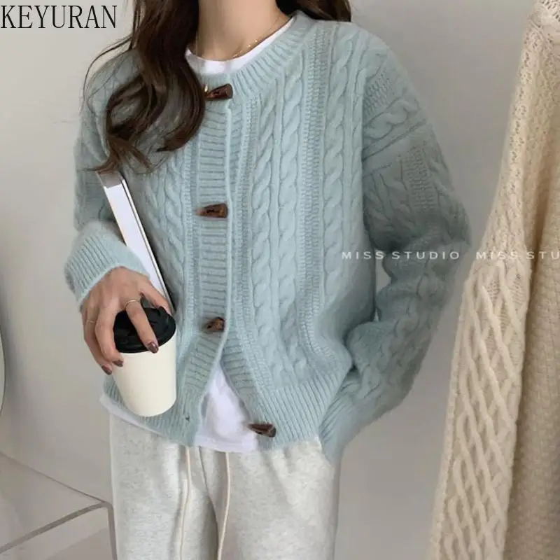 Women Cardigan Sweater 2021 Spring Autumn Horn Button O-Neck Long Sleeve Pink Short Cropped Female Knitted Jacket Coat |