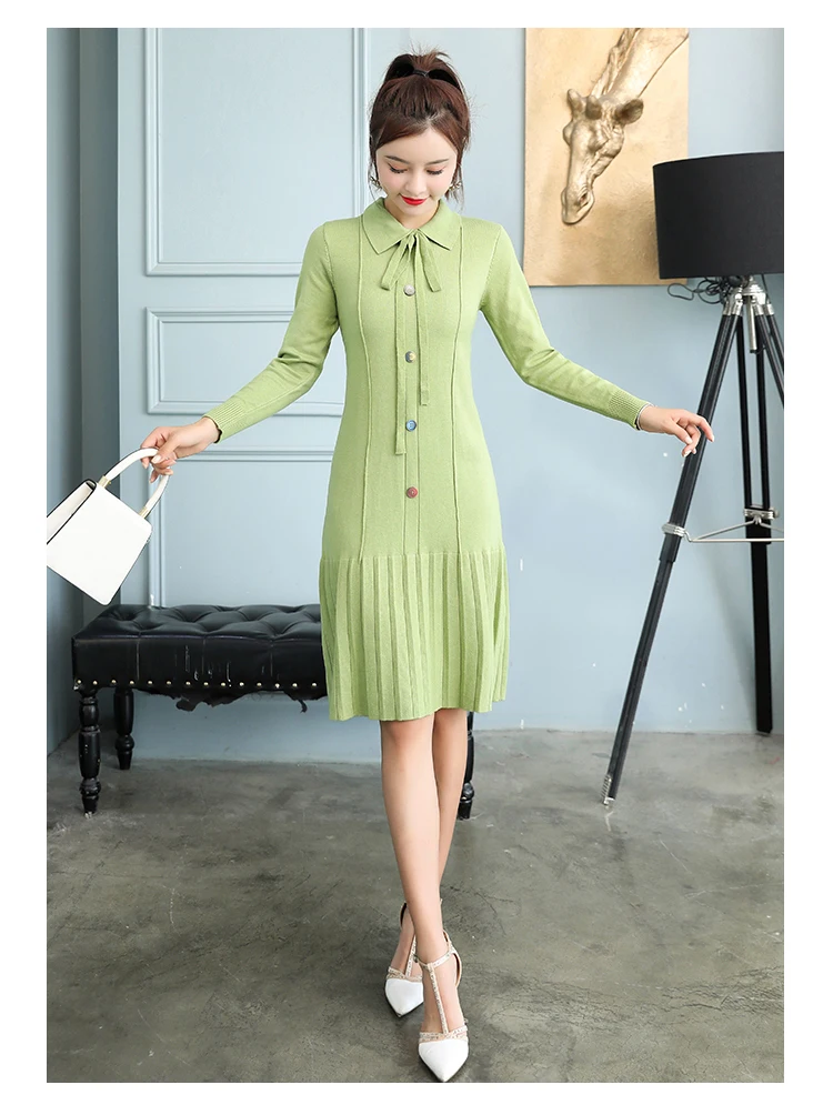 Green Bowknot Women Knit Dress Turn Down Pleated Hem Midi Knit Dress Korean Sweet Elegant Slimming Autumn Winter Women Dress - Цвет: Green