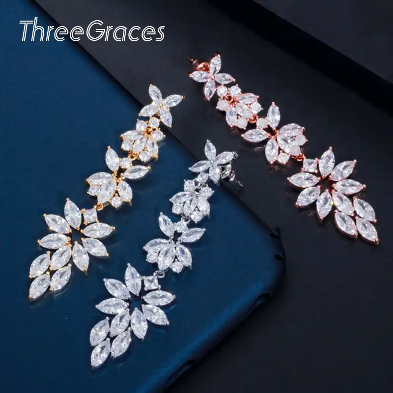 Threegracesゴージャスなロングドロップクリアczクリスタル宙ぶらりん葉女性のためのイヤリングファッションブランドブライダル宴会ジュエリーer472 ドロップイヤリング Aliexpress