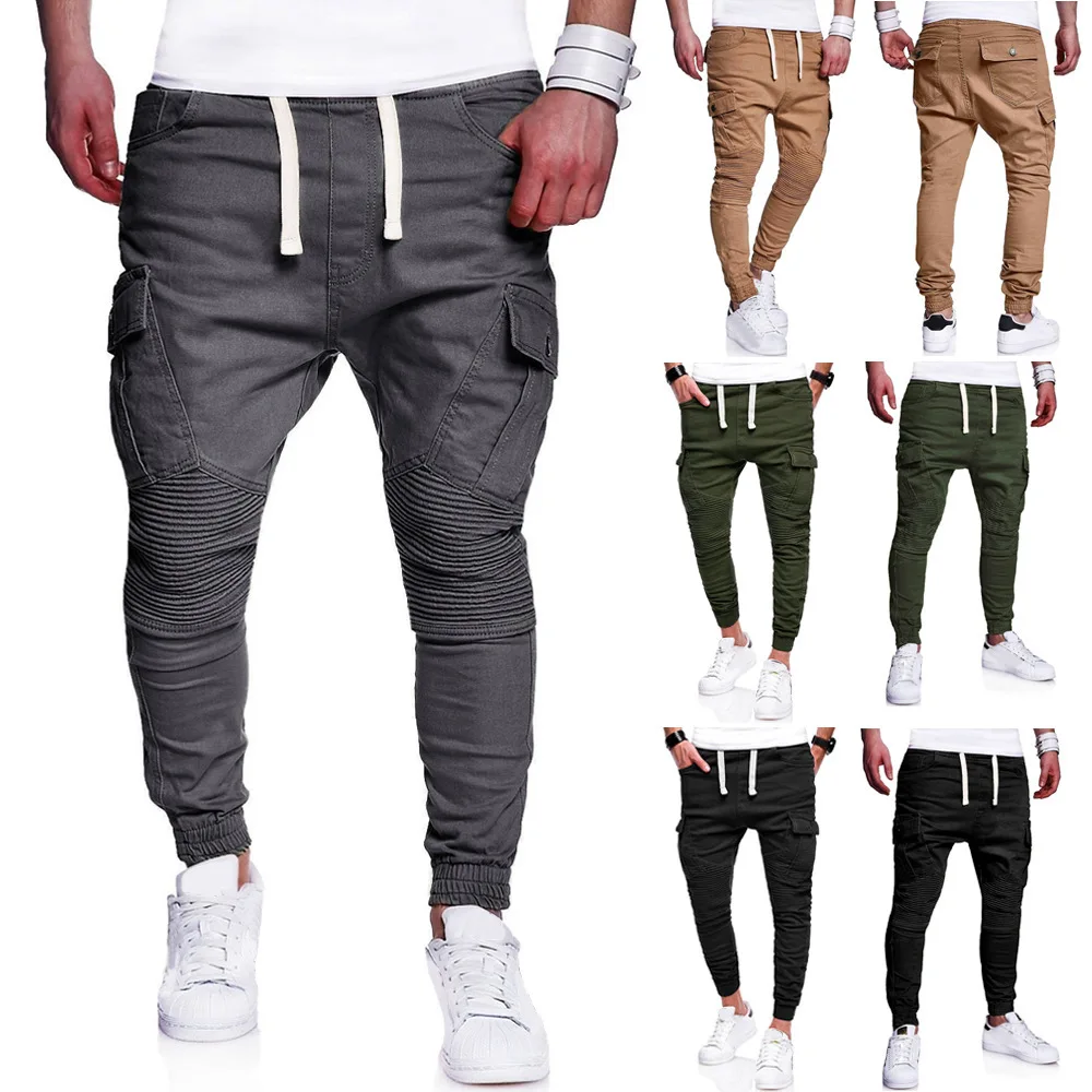 

New Style Men's Large Size Fashion Solid Color Pleated Multi-pockets with Drawstring Harem Skinny Casual Pants Men'S Wear