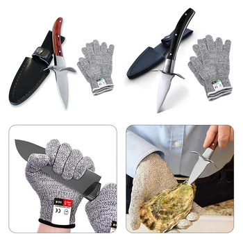 

1 Set Anti-cut Safety Gloves Wooden Handle Oyster Knives Scallop Shell Shucking Knife With Leather Case For Seafood Opener Tool