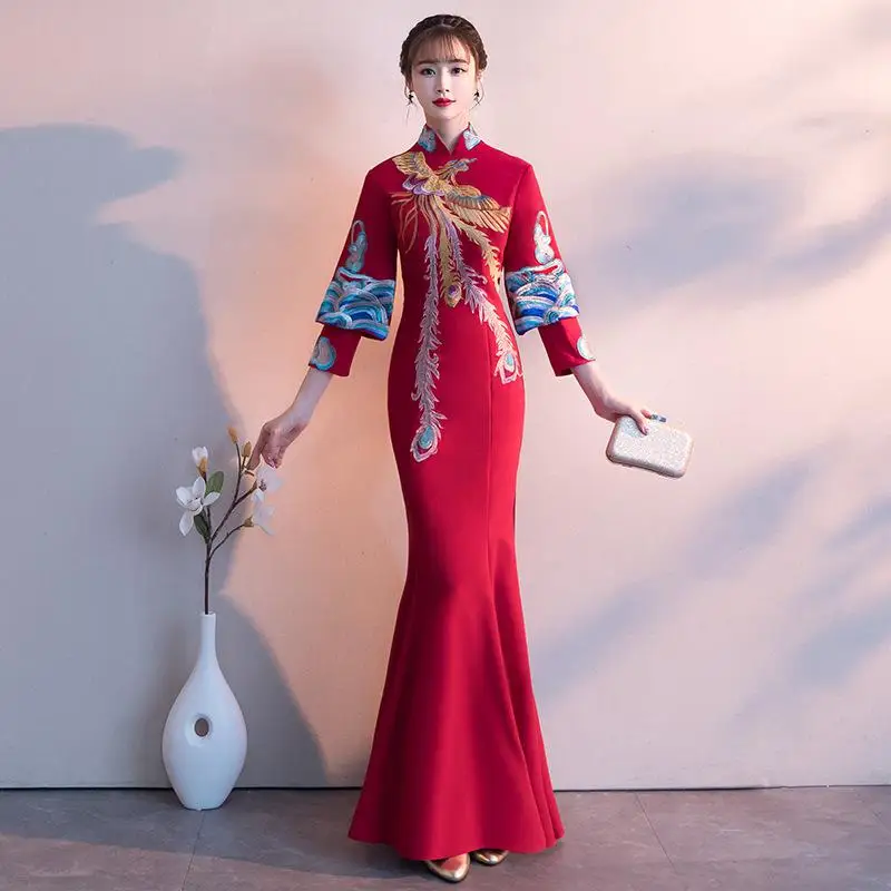 Red Bride Embroidery Cheongsam Long Party Dress Elegant Chinese Style Women Wedding Qipao Luxury Ball Gown Vestido S-XXL - Цвет: Style - 3