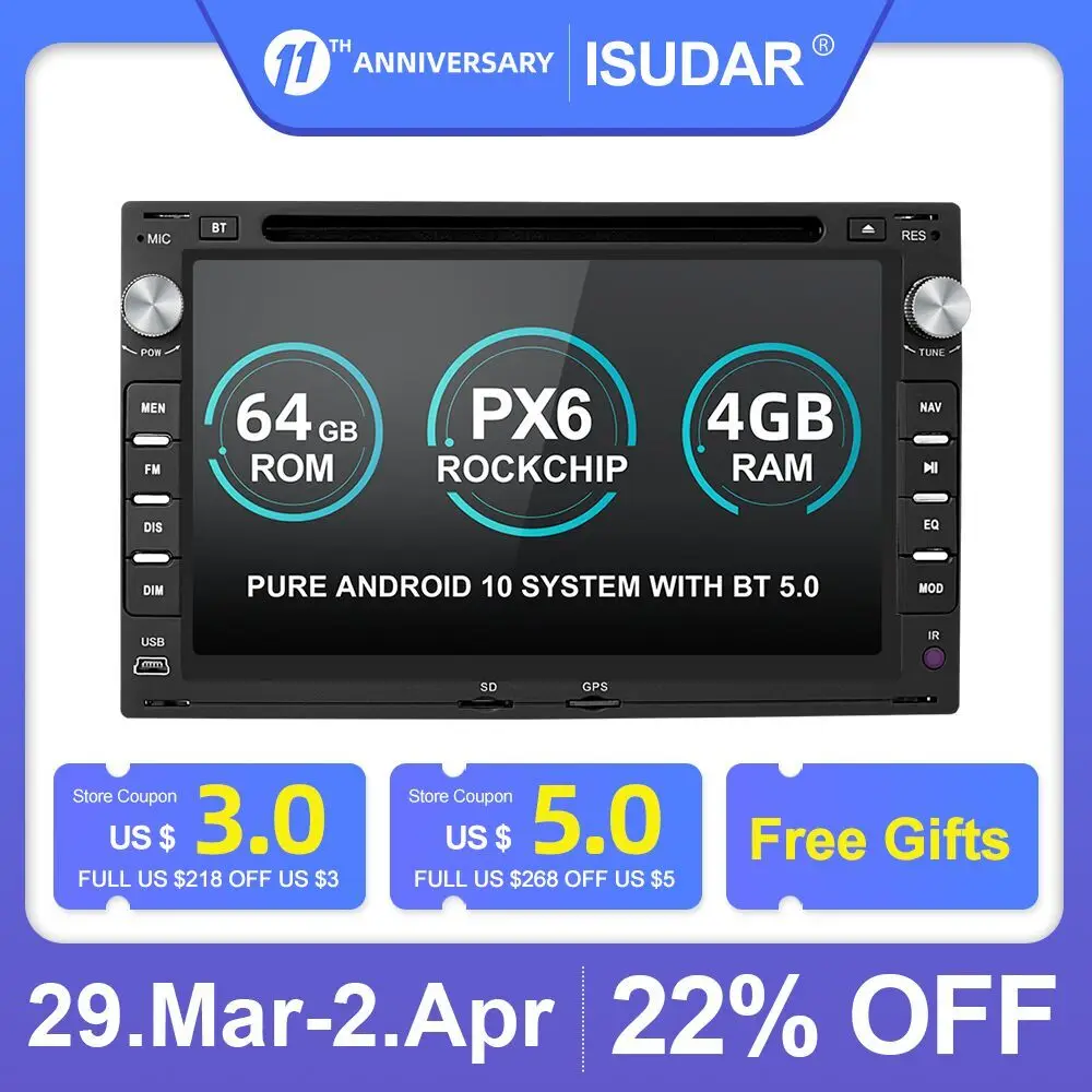 US $221.05 Isudar 2 Din Android 10 Car Radio For VWVolkswagenGOLFPOLOTRANSPORTERPassat B5 Car Multimedia Player Automotivo GPS DVD DSP