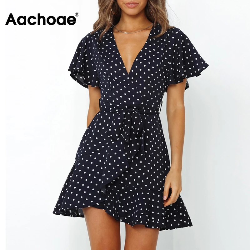 Aachoae Summer A Line Polka Dot Dress Women Ruffled Short Sleeve Boho Beach Dress Ladies Casual V Neck Mini Dresses Robe Femme