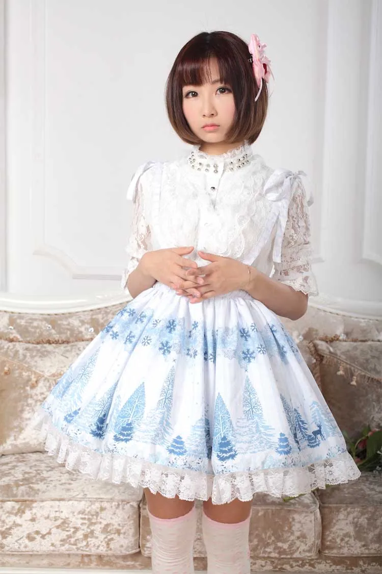 Принцесса сладкий Лолита Юбки японский принт Снежинка лес плиссированная короткая юбка с поясом сзади для женщин GZWY087